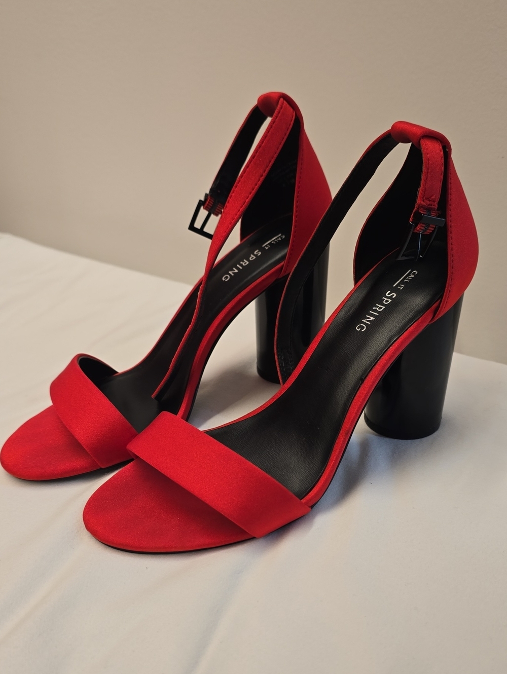 Call It Spring Bright Red Open-Toe Round Block-Heel Sandals with Ankle Strap